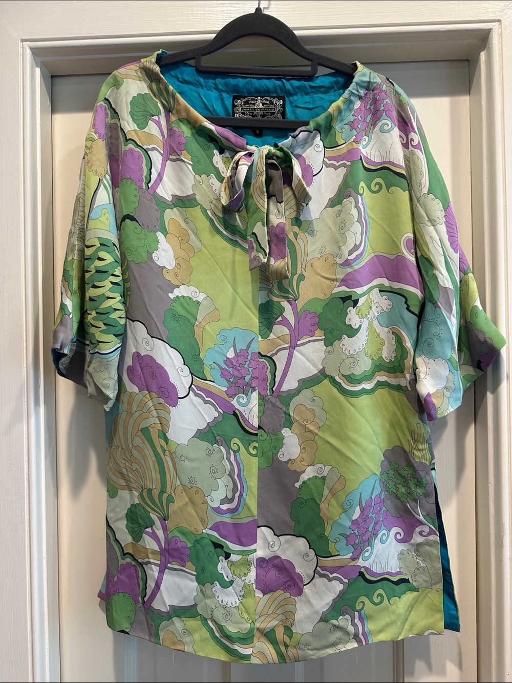 Tie-Neck Floral Blouse in Green and Purple